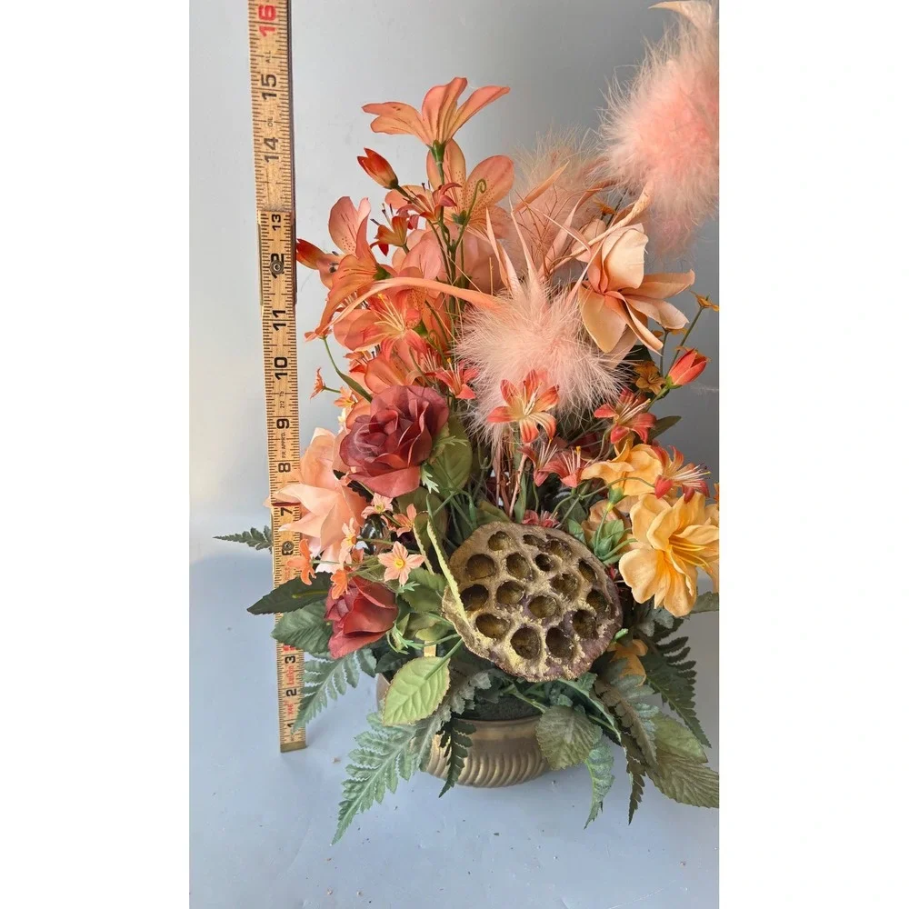 Vtg Silk Floral Arrangement Peach Feathers Roses Brass Bowl Made in India 15